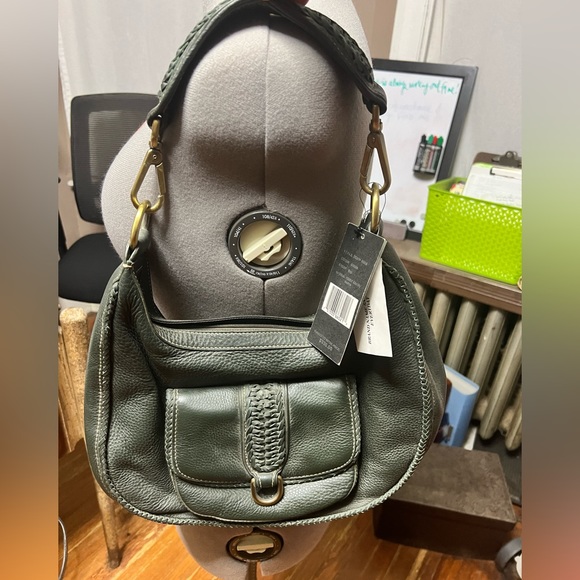 Hunter green, Donald J Piner, genuine leather shoulder bag, heavy brass hardware - Picture 13 of 14